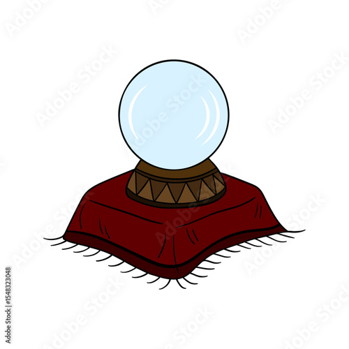 Magical crystal ball on red pillow. Spiritual amulet mystical good luck charm gem. Outline art magic element collection 