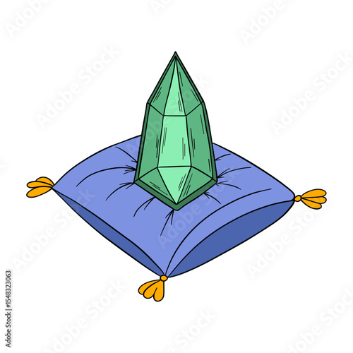 Green magical crystal on blue pillow. Spiritual amulet mystical good luck charm gem. Outline art magic element collection 