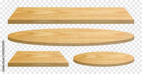 Wood Table Top Set – Realistic 3D Round and Rectangle Wooden Surface for Product Display or Interior Design, Isolated on Transparent Background. Vector.