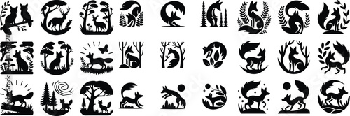 Forest Fox Icon Silhouette – Nature Animal Vector Pack Fox in Forest Silhouette Set – Wildlife Icon Collection