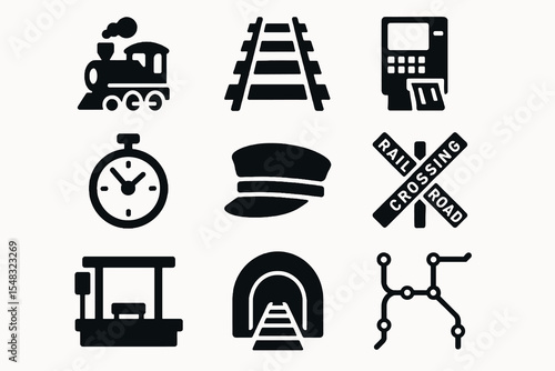 Train and railway vector icons including rail track, conductor hat, tunnel, station, railroad crossing, and timetable.