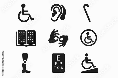 Accessibility icon set including wheelchair, cane, hearing aid, sign language, prosthetic leg, braille book, and eye test.