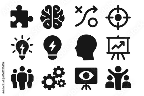 Black business icons set showing strategy, brainstorming, teamwork, and performance analysis in a professional context.