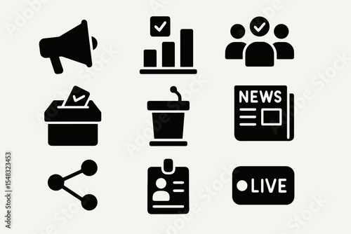 Political and news icons set with megaphone, chart, podium, news, ballot, ID, and live icon.