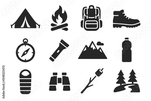 Camping and hiking icons with tent, fire, backpack, compass, boots, and nature symbols.