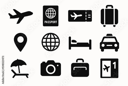 Black vector icons illustrating common travel items and services including transport, accommodation, and tourism essentials.