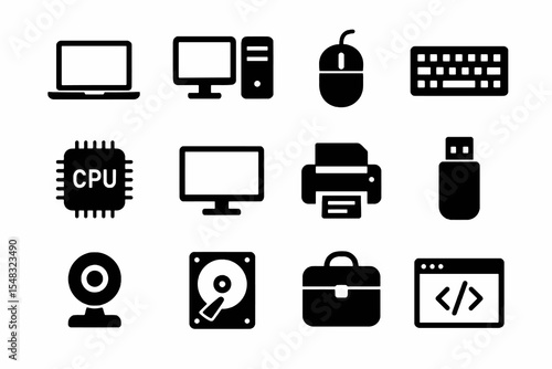Black vector icons of computer hardware and tech devices in a simple, bold style.
