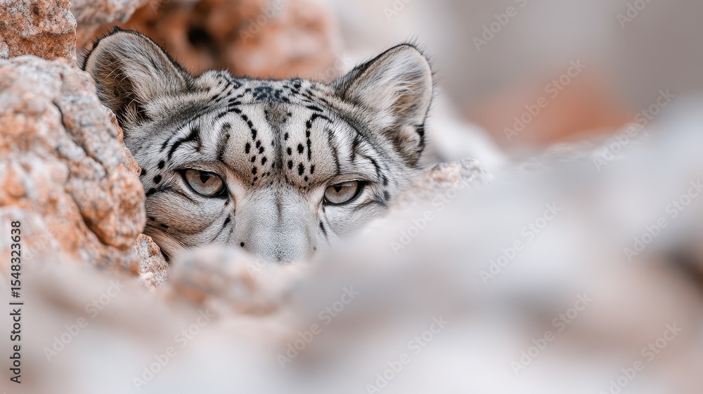 Obraz premium A close-up of a snow leopard peering through rocky terrain with its piercing gaze, symbolizing strength, beauty, and the enigmatic nature of wildlife in its natural habitat.