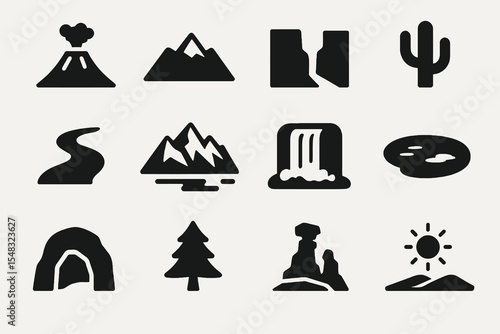 Nature icon pack in solid black with volcano, mountains, river, forest, cave, waterfall and desert elements.