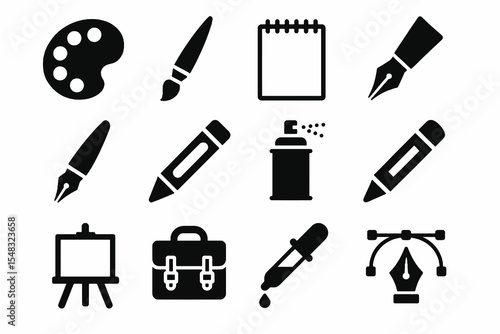 Creative design icon set with palette, pencil, spray can, dip pen, notepad, dropper, vector curve, and briefcase. Ideal for design and art visuals.