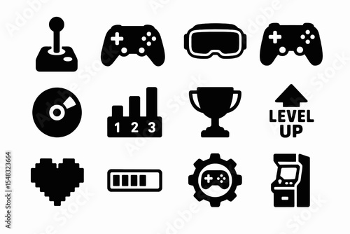 Retro game icons including joystick, controllers, gear, trophy, score chart, arcade machine, heart pixel, and progress bar. Great for game UI.