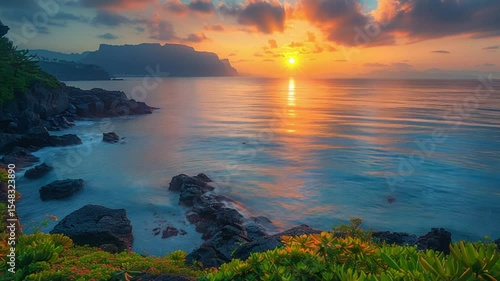 The sun rises over the ocean on Jeju Island with a soft golden color.