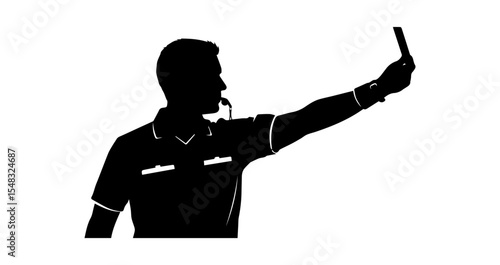 Minimalist black vector silhouette of football referee holding red card in hand, flat icon design for FIFA and sports themes