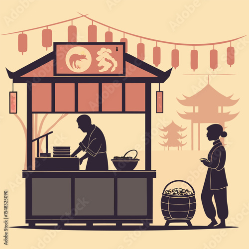Street Food Market, Chef, Asian Village, Illustration, Vibrant Environment, Side View, Culinary Culture