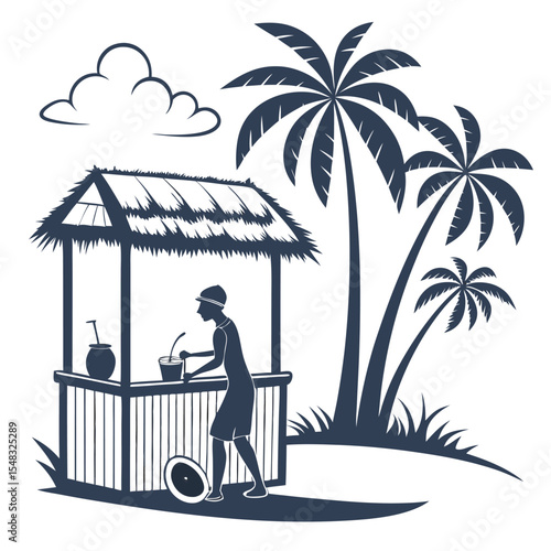 Preparing Refreshing Drinks at a Tropical Stand, Subject: Beverage Vendor, Location: Beachfront, Content Type: Illustration, Environment: Sunny, Viewpoint: Side View, Concept: Summer Vibes