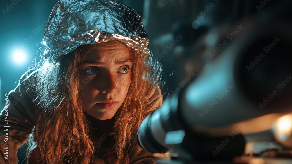 Fototapeta premium A young girl with wet, wavy hair wearing a tinfoil hat, intensely looking through a scope, highlighting curiosity and a sense of adventure in a mysterious, low-light environment.