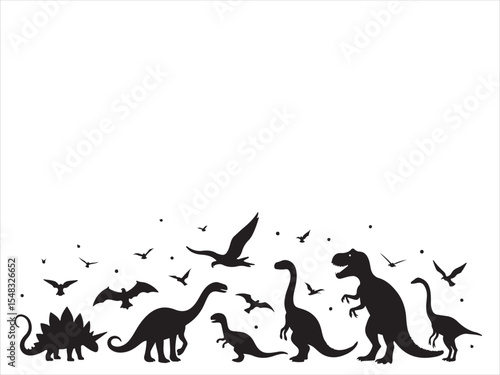 Black dinosaur silhouettes with flying birds and dots against a clean white background