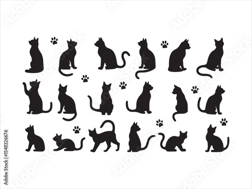 Black cat silhouettes with paw prints collection isolated on white background for design projects