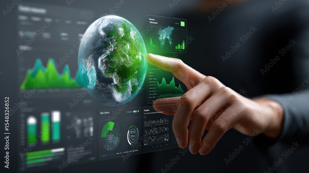 Fototapeta premium Finger Touching Green Digital Earth Interface With Eco Data Panels