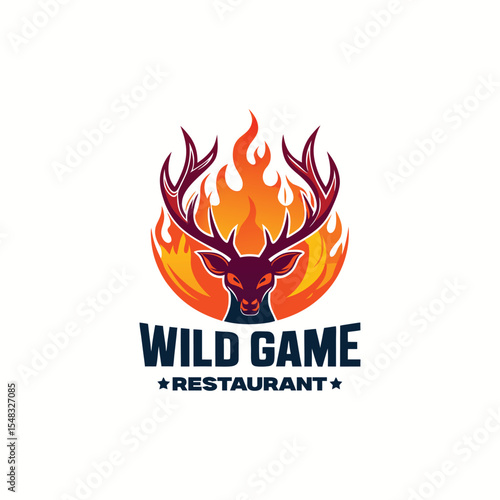 Wild game restaurant logo design with deer antlers and flames, hunting theme emblem, rustic outdoor grill, barbecue fire icon, wildlife cuisine branding vector illustration.