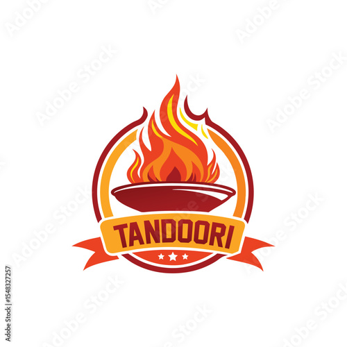 Tandoori restaurant logo design with clay oven, traditional flame icon, Indian BBQ grill emblem, authentic spicy food branding, fiery cooking, handcrafted culinary logo vector


