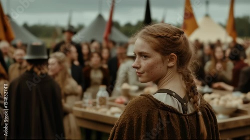 Medieval woman at crowded festival. Historical reenactment of ancient gathering with tents and flags. Viking or Celtic era costume drama scene with female character
