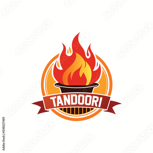 Tandoori restaurant logo design with clay oven, traditional flame icon, Indian BBQ grill emblem, authentic spicy food branding, fiery cooking, handcrafted culinary logo vector

