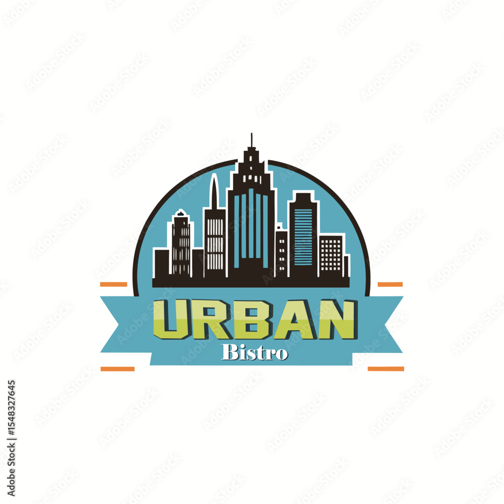 Obraz premium Modern urban bistro logo with minimalist city skyline, clean lines design, stylish restaurant branding, contemporary cafe emblem, sleek vector icon for food and beverage business identity.