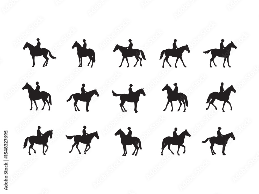 Fototapeta premium Silhouettes of equestrian riders on horses in various poses and activities isolated on white