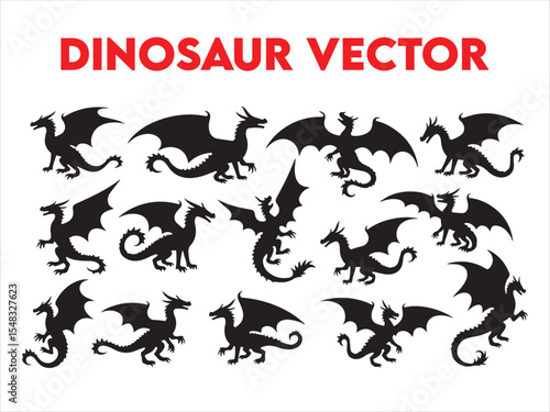 Silhouetted dragon vector illustrations in various poses against a plain white background