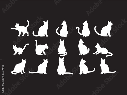 Silhouettes of cats in various poses representing feline grace and playfulness on black background
