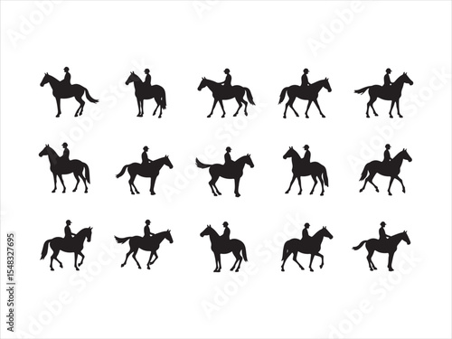Silhouettes of equestrian riders on horses in various poses and activities isolated on white