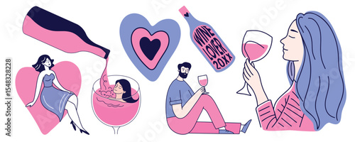 Set of Wine Lover Design. A woman relaxing in a giant glass of red wine. A man with a glass of wine. Lettring. Vector illustration