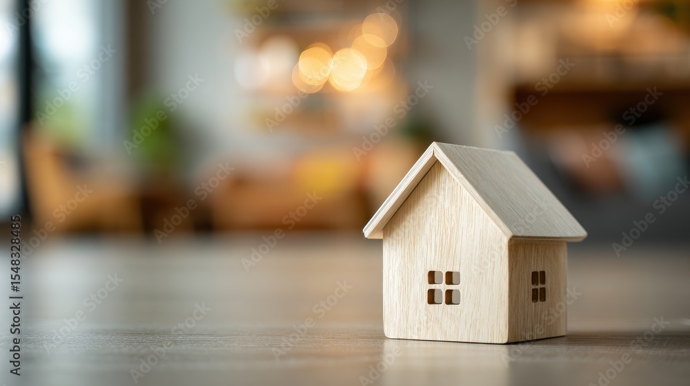 Premium photo of simple wooden house model on a floor with blurred indoor home family activity as background. Premium photo of simple wooden house model on a floor with blurred indoor home family activity as background.