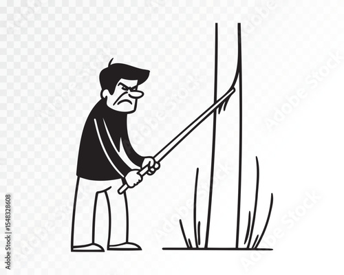 Black-and-white cartoon drawing of a man with an angry expression, holding a long stick or pole. He is using the stick to poke or scratch a tree trunk. Vector illustration