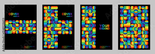 Set of rainbow geometric vector pattern posters. Trendy colorful Bento grid style pattern background on black for cover design, poster, flyer, cards, catalog, brochure, social media, ads.