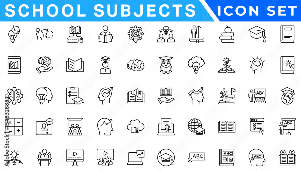 Outline icons related to school subjects. Linear icon collection. Editable stroke. Vector illustration Outline icons related to school subjects. Linear icon collection. Editable stroke. Vector illustration