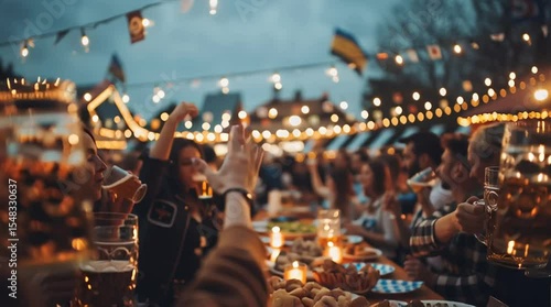 Friends celebrating Oktoberfest by raising their beer steins in a toast under festive lights