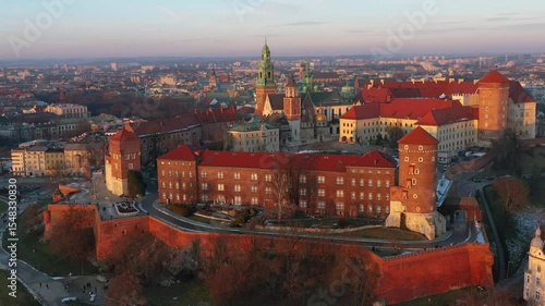 The Royal Wawel Castle in Krakow at winter sunset, Poland