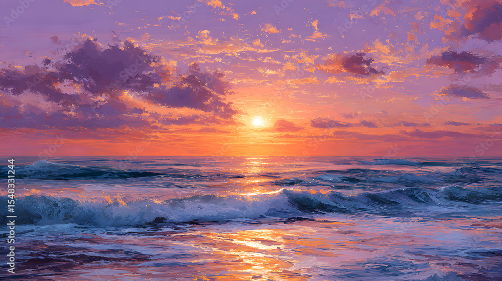Fototapeta premium Stunning ocean sunset painting capturing radiant colors of sun and clouds with serene waves