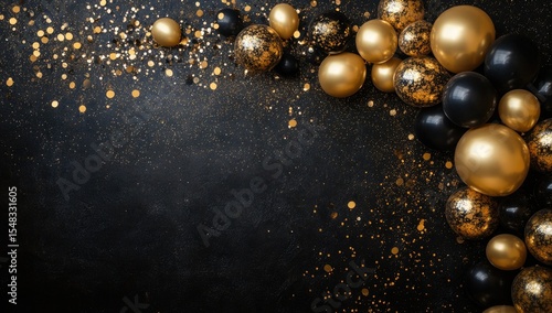 Festive black and gold balloons and confetti