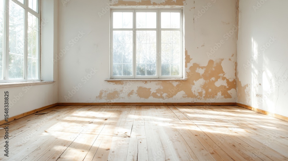 Fototapeta premium A spacious yet neglected room illuminated by soft natural light, showcasing peeling walls and wooden floors, ideal for renovation inspiration or artistic photography.