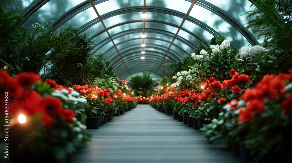 Fototapeta premium A breathtaking pathway in a greenhouse displays a riot of vibrant flowers, showcasing nature's beauty and providing a serene escape for plant enthusiasts and nature lovers alike.