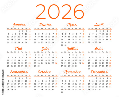 French calendar for 2026, week starts on Monday