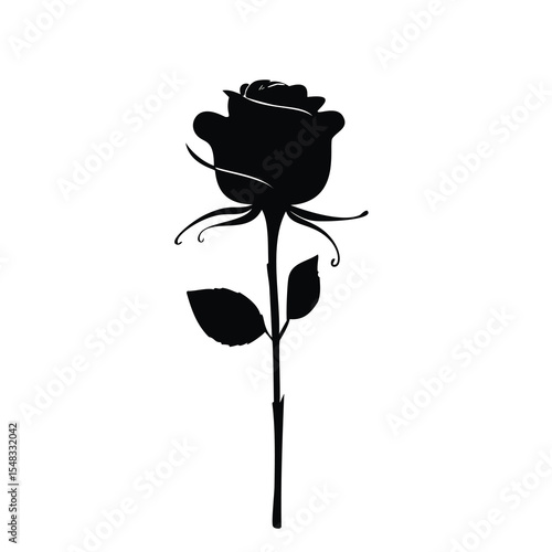 Elegant black silhouette single rose flower stem