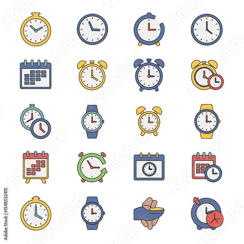 Time Management Icons Clocks, Watches, Calendars, and Timekeeping Symbols