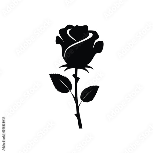 Single black silhouette rose flower stem leaves