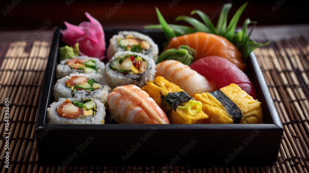 Assorted sushi featuring vibrant salmon tuna and shrimp in a bento box offering a delicious Japanese culinary experience Assorted sushi featuring vibrant salmon tuna and shrimp in a bento box offering a delicious Japanese culinary experience