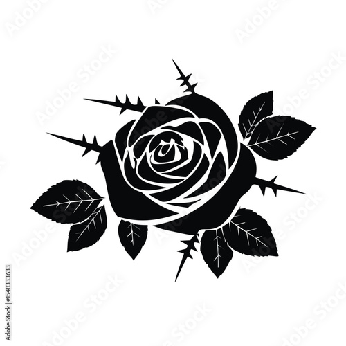 Black rose silhouette thorns leaves floral design
