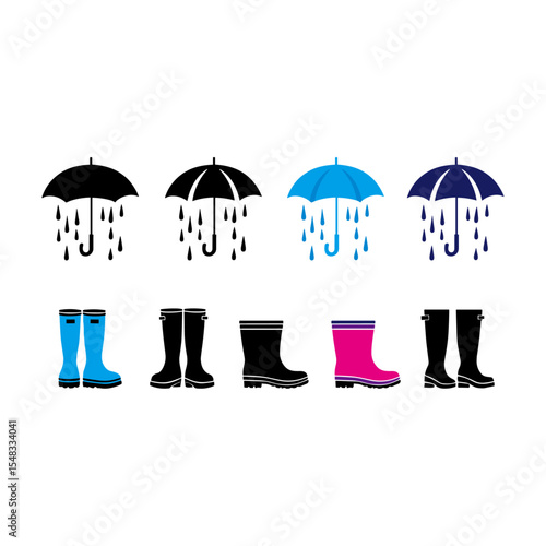 雨の日のアイコンセット（長靴・傘・雨粒）